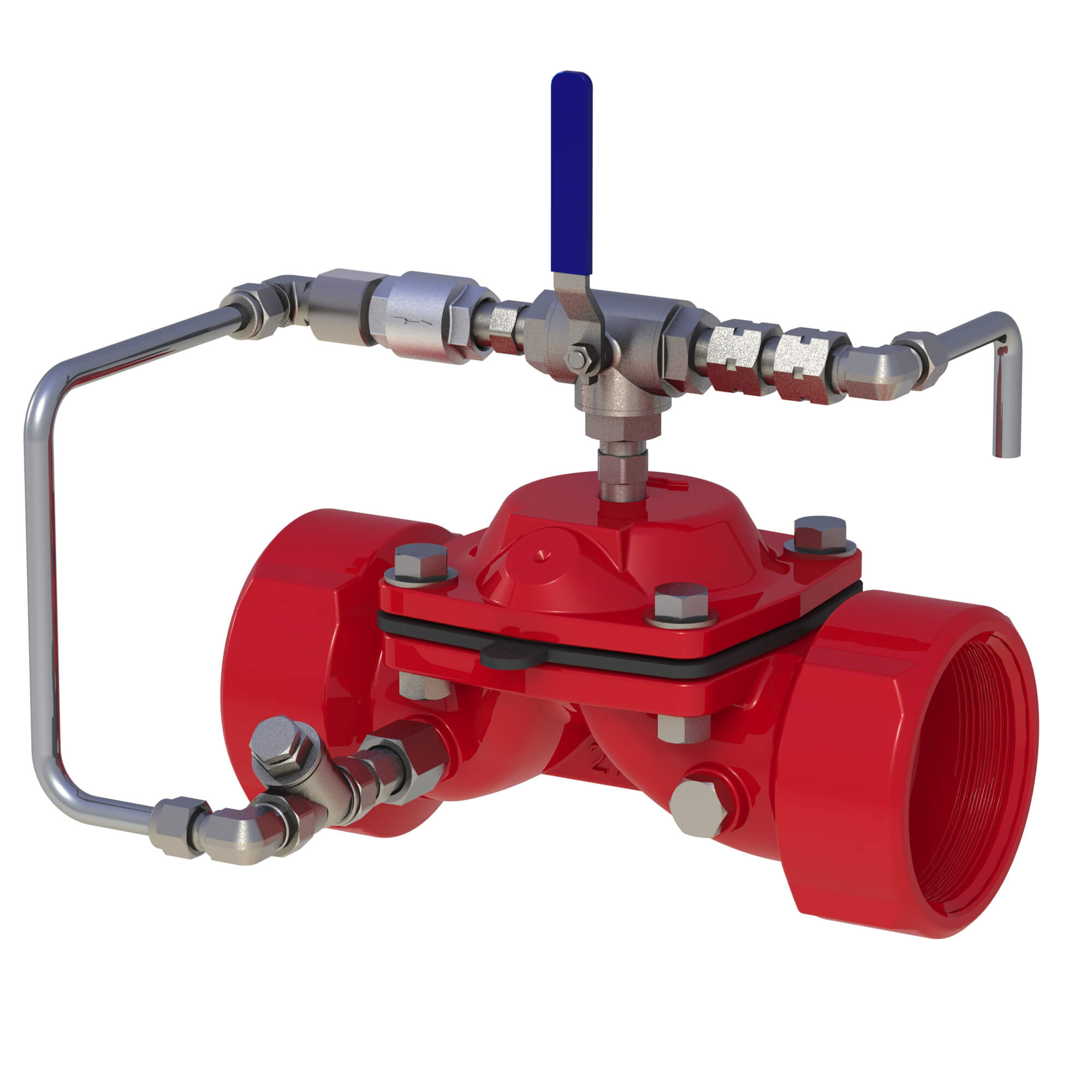 a red OCV valve with pipes and a blue handle